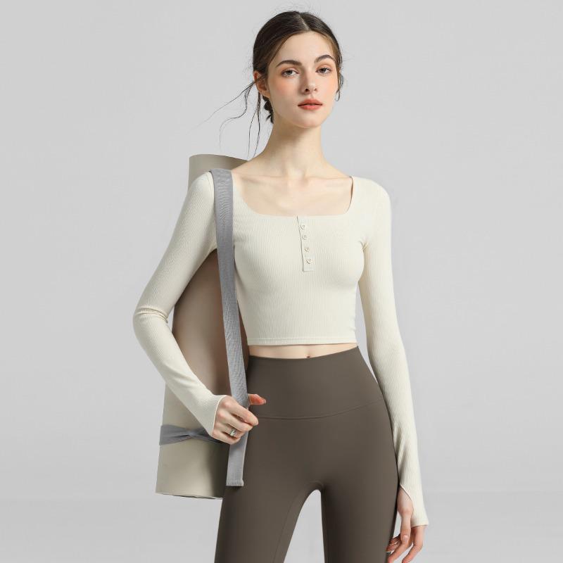 Women's Long Sleeve Yoga Top with Generous Neckline and Chest Pad for Autumn & Winter Workouts