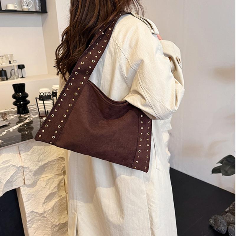 Yogodlns Retro Suede Rivet Shoulder Bags PU Leather Work Purses Large Tote Handbag Slouchy Locomotive for Women Travel Winter Fall