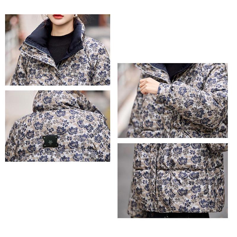 Women's Printed Cotton Padded Jacket, Stand Collar, Thickened Loose Fit, Short, Winter 2026, Small Floral Retro Style.
