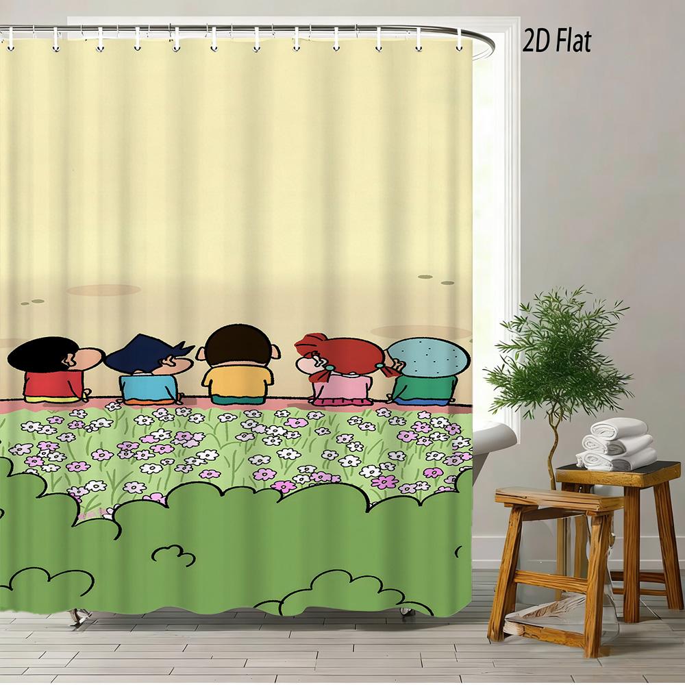 Crayon Shin-Chan Flame Ninja Z Themed 2D Print Waterproof Shower Curtain, Flying Shin-Chan With Family & Shiro Colorful Cityscap