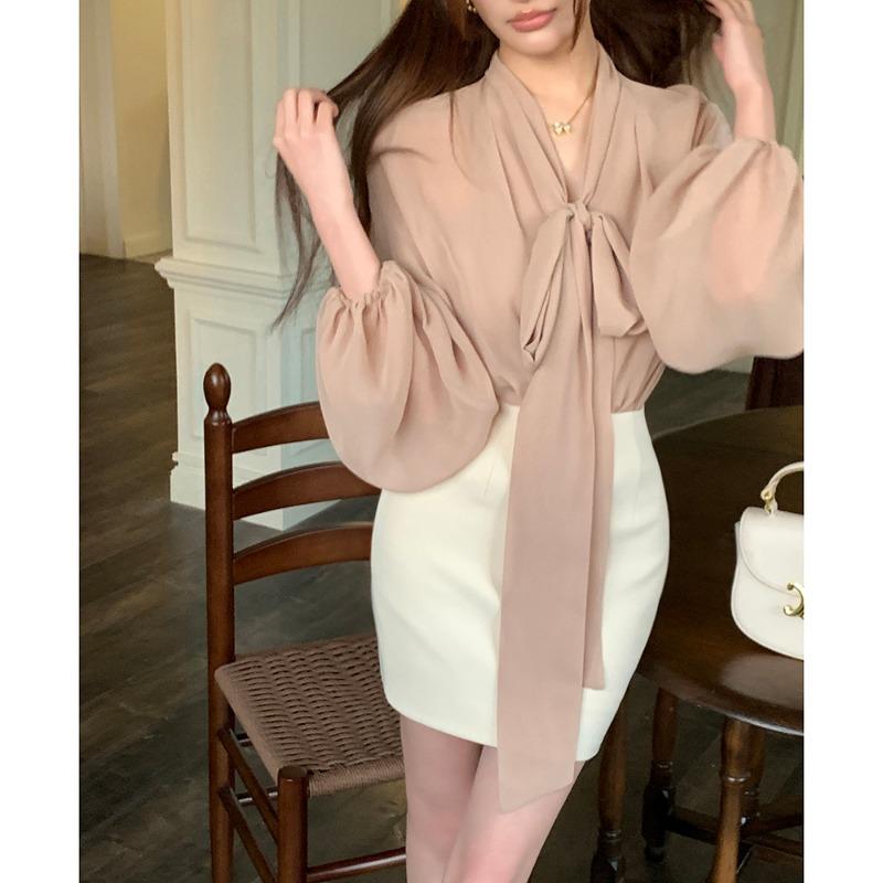 Модные элегантные женские блузки с V-образным вырезом и галстуком-бабочкой, тонкие шифоновые рубашки, весенние новые женские повседневные рубашки, женские летние топы с рукавами-фонариками, темперамент 3473 S хаки