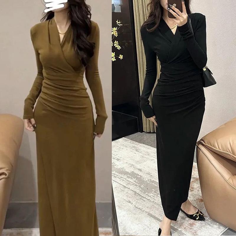Autumn 2025 Slim Fit Long Sleeve Midi Dress with Slit