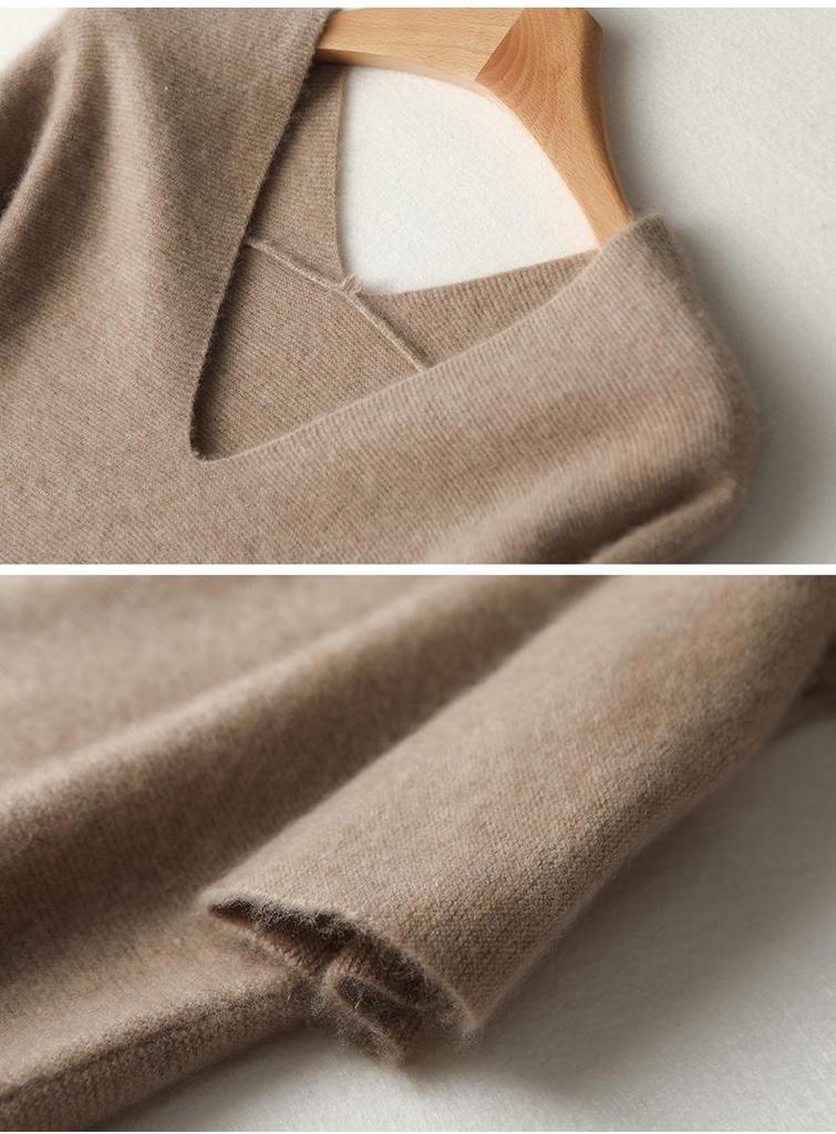 Women's V-Neck Pure Wool Knit Dress, Loose Fit, Mid-Length, Over-the-Knee - Autumn/Winter Collection