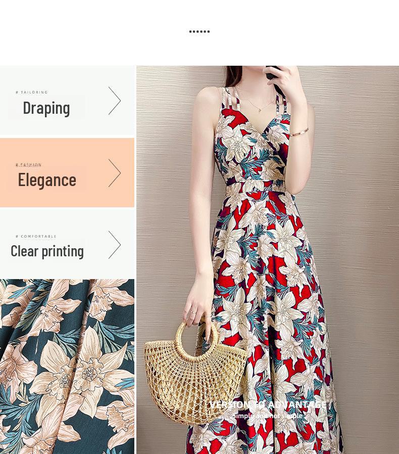 Elegantní květinové šaty na ramínka - Dámský štíhlý letní plážový dovolenkový outfit 2023