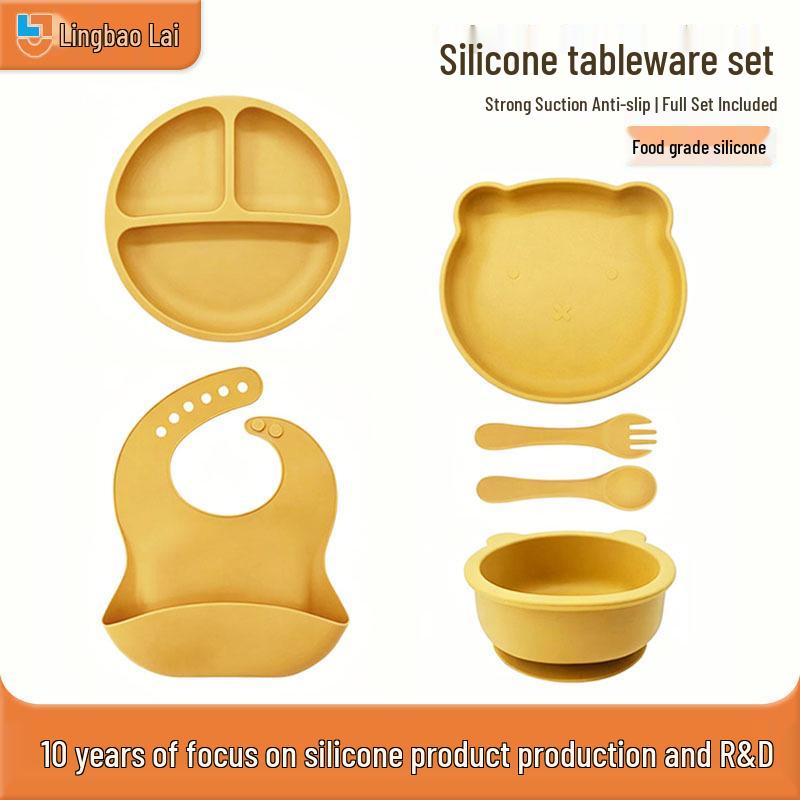 Silicone Baby Tableware Set: Feeding Bowl, Fork, Spoon & Food-Grade Dinner Plate