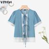 VONDA Women Casual Short Sleeve Lace Patchwork Bow Knot Cropped Blouse