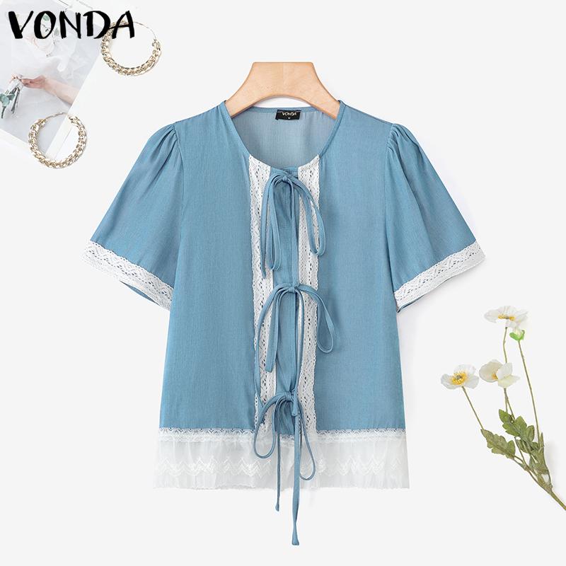 VONDA Women Casual Short Sleeve Lace Patchwork Bow Knot Cropped Blouse