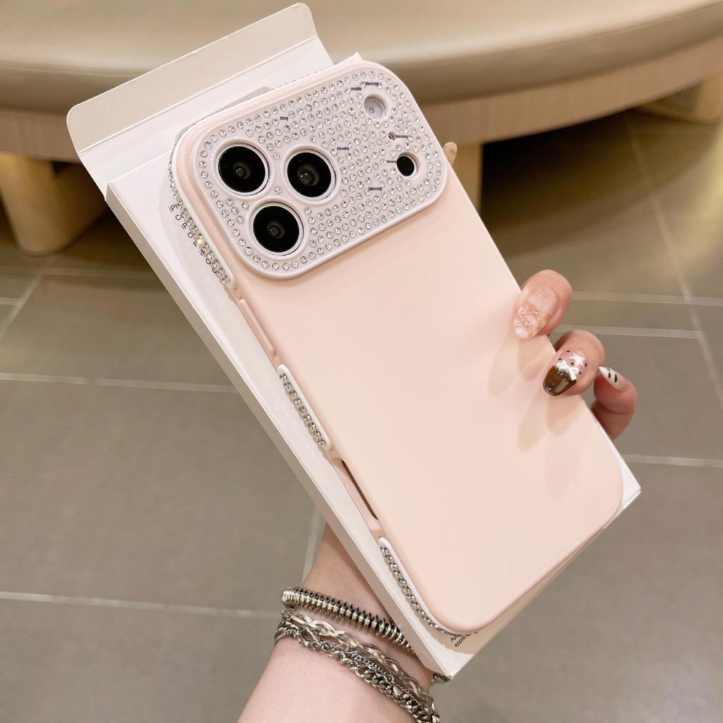 Compatible Apple 17 Pro Solid Color Rhinestone Lens Case for iPhone 16, Anti-fall Protective, Special Side Rhinestones.