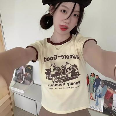 Sweet and Spicy Letter Printed T-shirt for Women In Summer Slim Fit and Short Style Contrasting Color Round Neck Short Sleeve Student Top