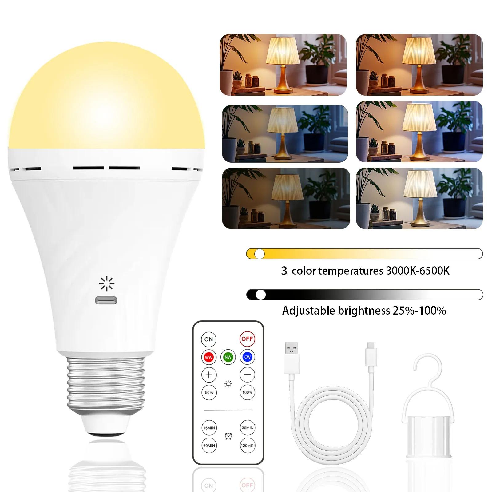 

USB-C Rechargeable Emergency Bulb with E27 Socket, Tri-Color Temperature (3000K-6000K), Remote Control, for living room, bedroom