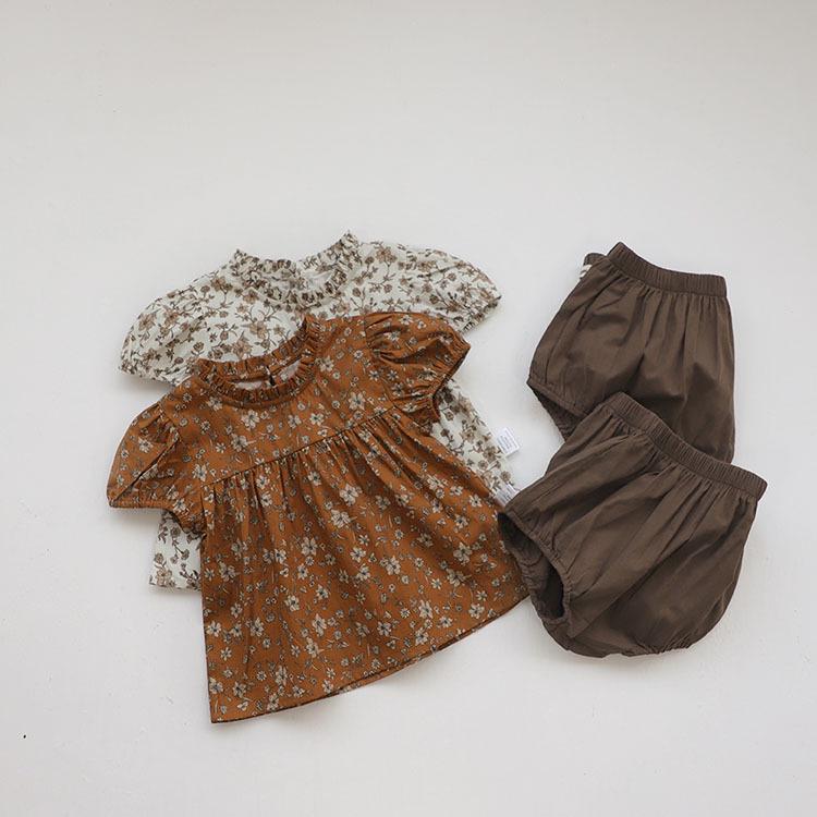Girls' Summer Linen Cotton Floral Doll Shirt & Shorts Set