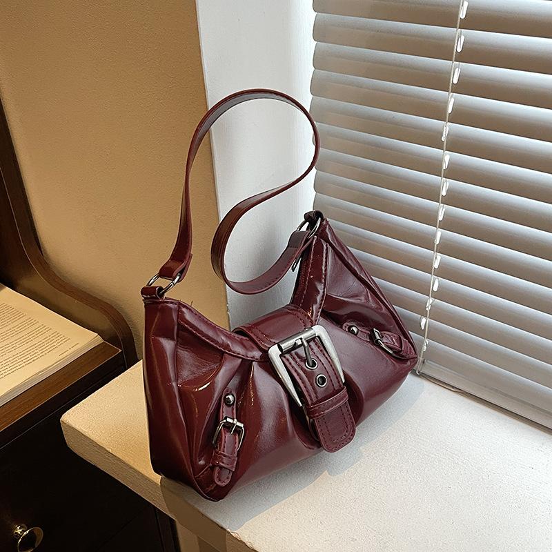 

Belt Pleated Design Women PU Leather Shoulder Bags Y2K Style Simple Ladies Underarm Bag Casual Trendy Female Handbags Purse бордовий