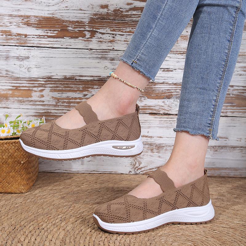 Knit Mesh Slip-On Sneakers for Women, Comfortable Air Cushion Sole Breathable Casual Walking Shoes with Mary Jane Strap