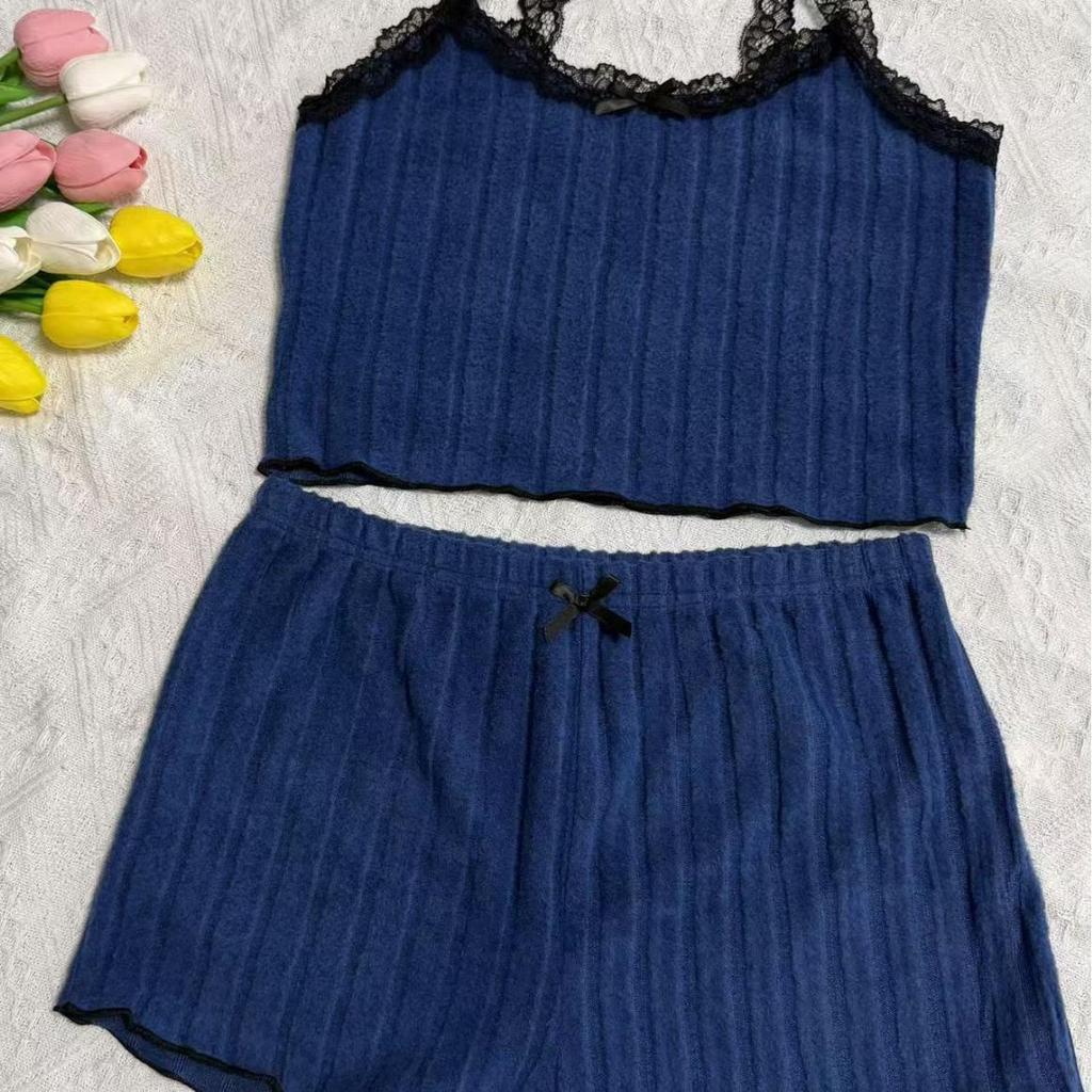 Women's Elastic Pajama Set: Lace Trim Camisole & Ribbed Knit Fleece Shorts