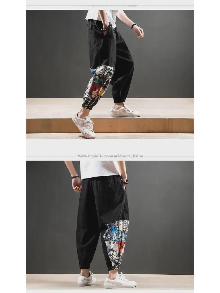 Pánské volné lněné kalhoty v čínském stylu - letní trendy, plus size, devítibodová délka