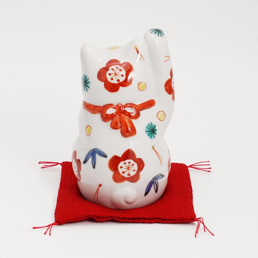 Fukubeya Kutani Ware with and plum blossom with red Traditional lucky right paw for good fortune and interior decoration and Maneki-neko (beckoning