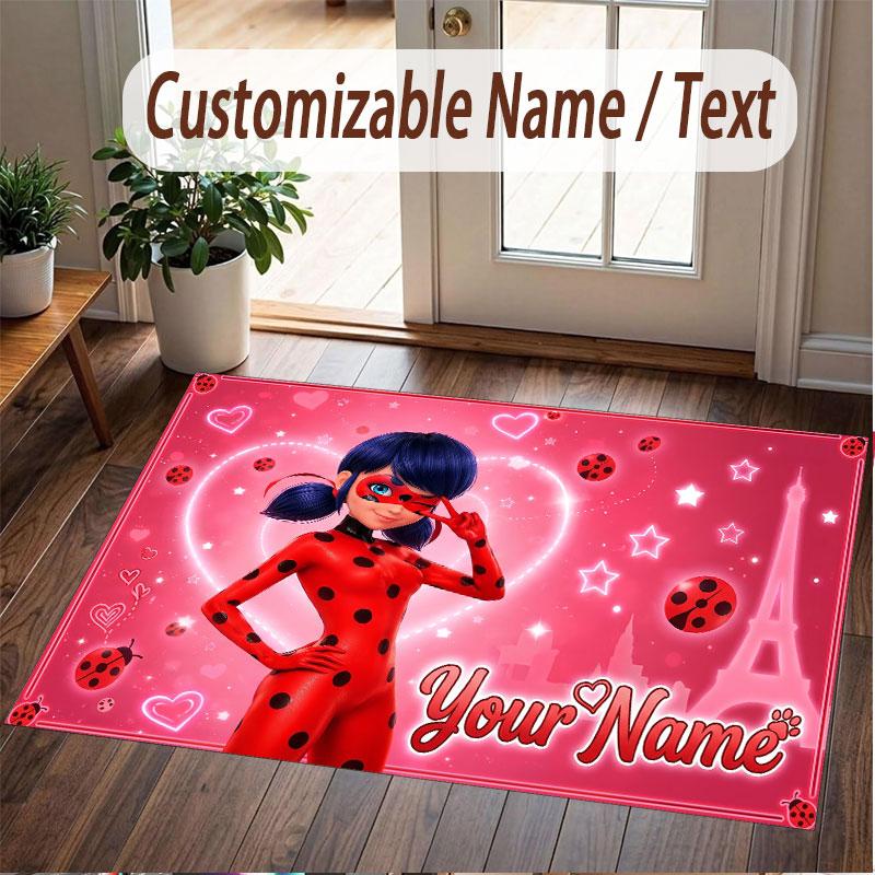 Custom Name Text Crystal Velvet Rug,Miraculous Ladybug Soft Plush Decorative Non Slip Floor Carpet