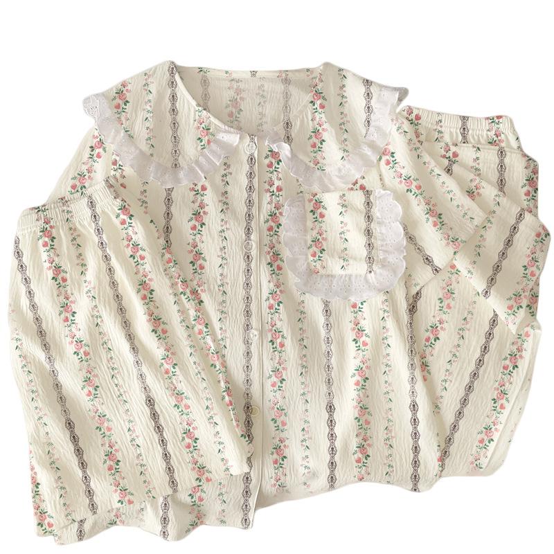 High-Value Retro Flower Sweet Cloud Cotton Pajamas Women'S Summer Doll Collar Lace Loungewear Three-Piece Set