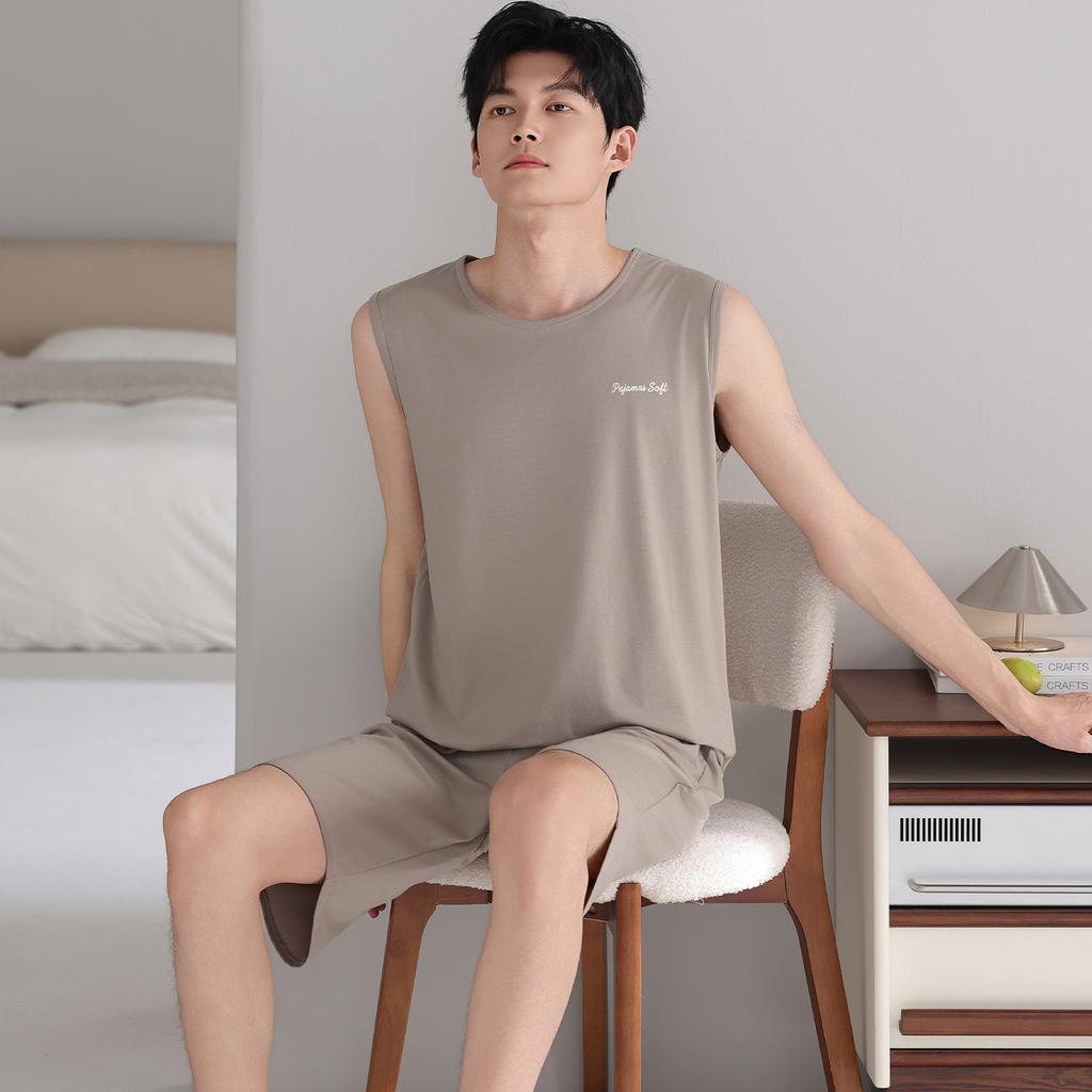 Cool Modal cotton pajamas men's summer thin short-sleeved shorts summer loose green middle-aged vest large size set
