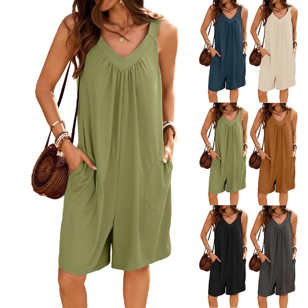 Summer New Solid Color V-neck Loose Pocket Sleeveless Jumpsuit