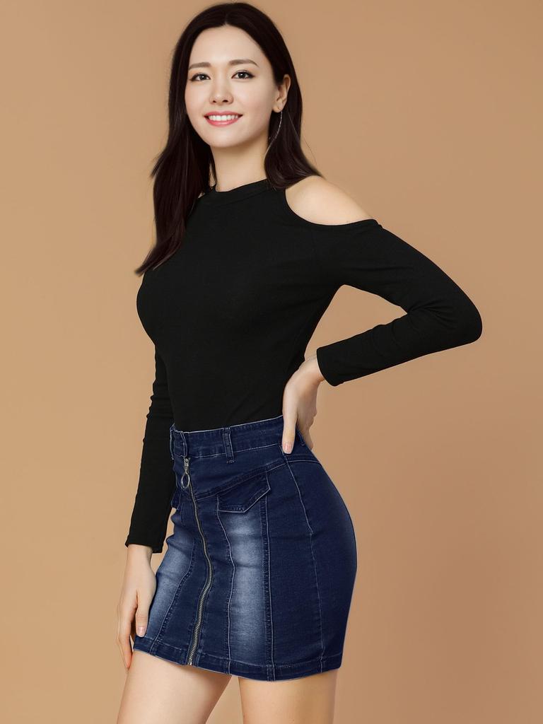 Allegra K Denim Tight Front Slim Dark Size L Women's High-Waisted Skirt, Zipper, Fit, Blue,