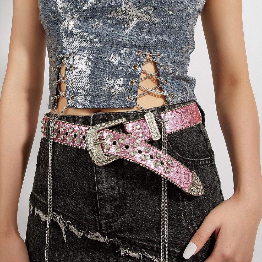 Y2K Rhinestone Belts Zinc Zinc Alloy Waistband Simple Blingbling Belt  Women