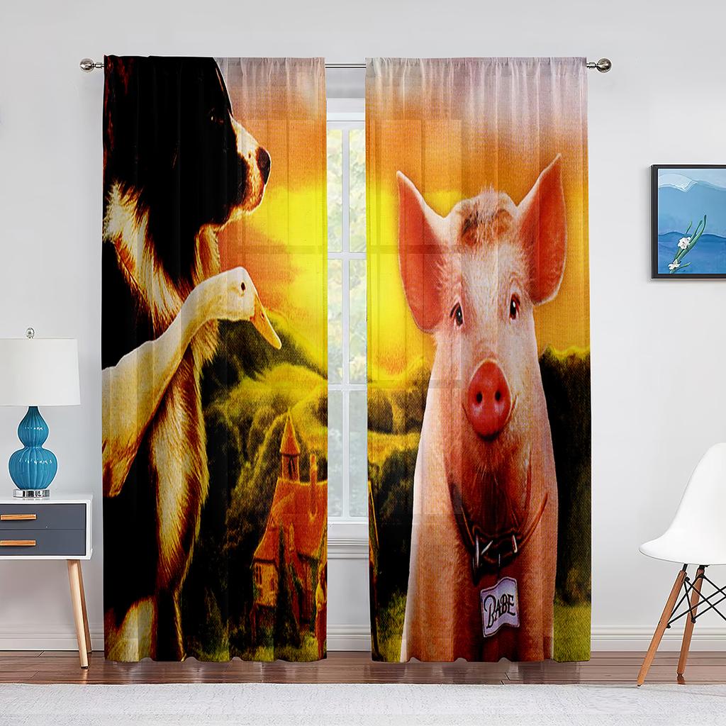 Funny Cartoon Singing Pig Wine Barrel Sheer Voile Curtains for Living Room Bedroom Tulle Curtains Kitchen Window Home Decoration