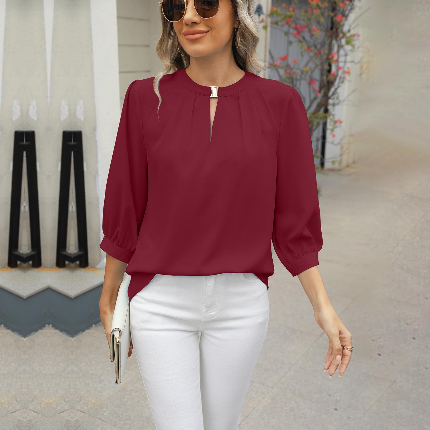 

Женская футболка Весна и лето Новая рубашка с V-образным вырезом Футболка с рукавом семь минут Свободная шифоновая рубашка Блузка Женские топы XXL