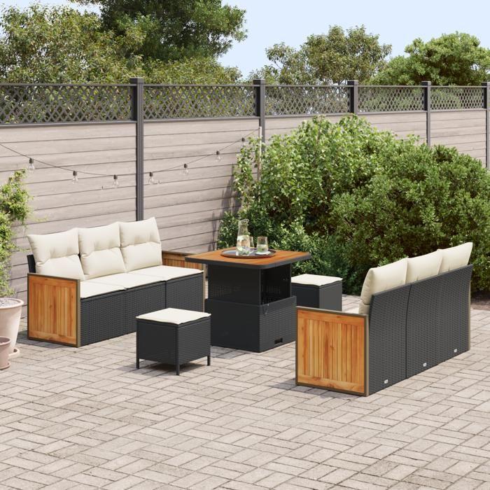 VidaXL Ensemble de Canapé de Jardin 9 Pièces avec Coussins en Poly Rotin Noir Acacia 3365205