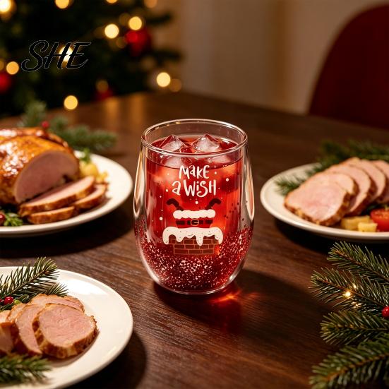 Vaso de Jugo de Doble Capa Taza de Capas, con Decoración de Patrones de Papá Noel/Árbol Pequeño/Pila/Bolsa Fiesta Navideña Bebida Arena Movediza Lentejuelas Transparente Borosilicato
