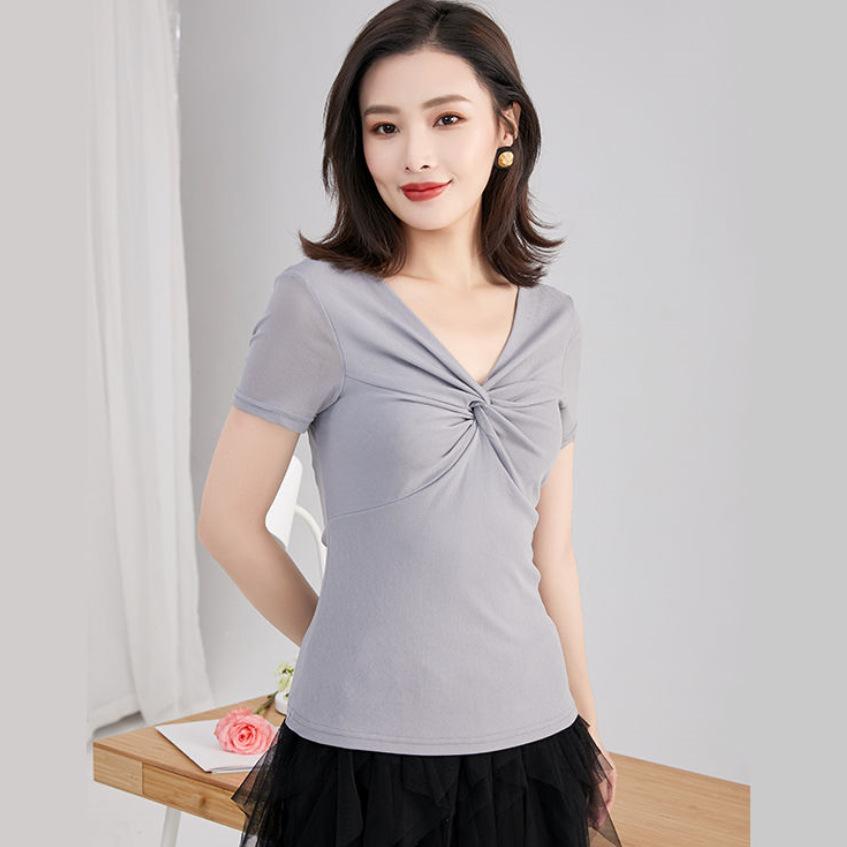 Spring Korean Style Women's Fashion V-neck Mesh Short-sleeved T-shirt Women's Ins Trendy Shirt