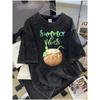 Washed Black Summer Fruit Graphic T-Shirt Watercolor Green Grape Coconut Watermelon Drink Print Top
