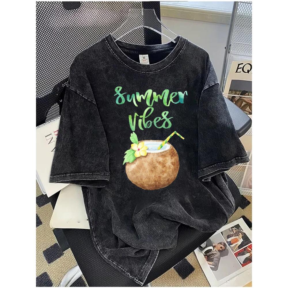 Washed Black Summer Fruit Graphic T-Shirt Watercolor Green Grape Coconut Watermelon Drink Print Top