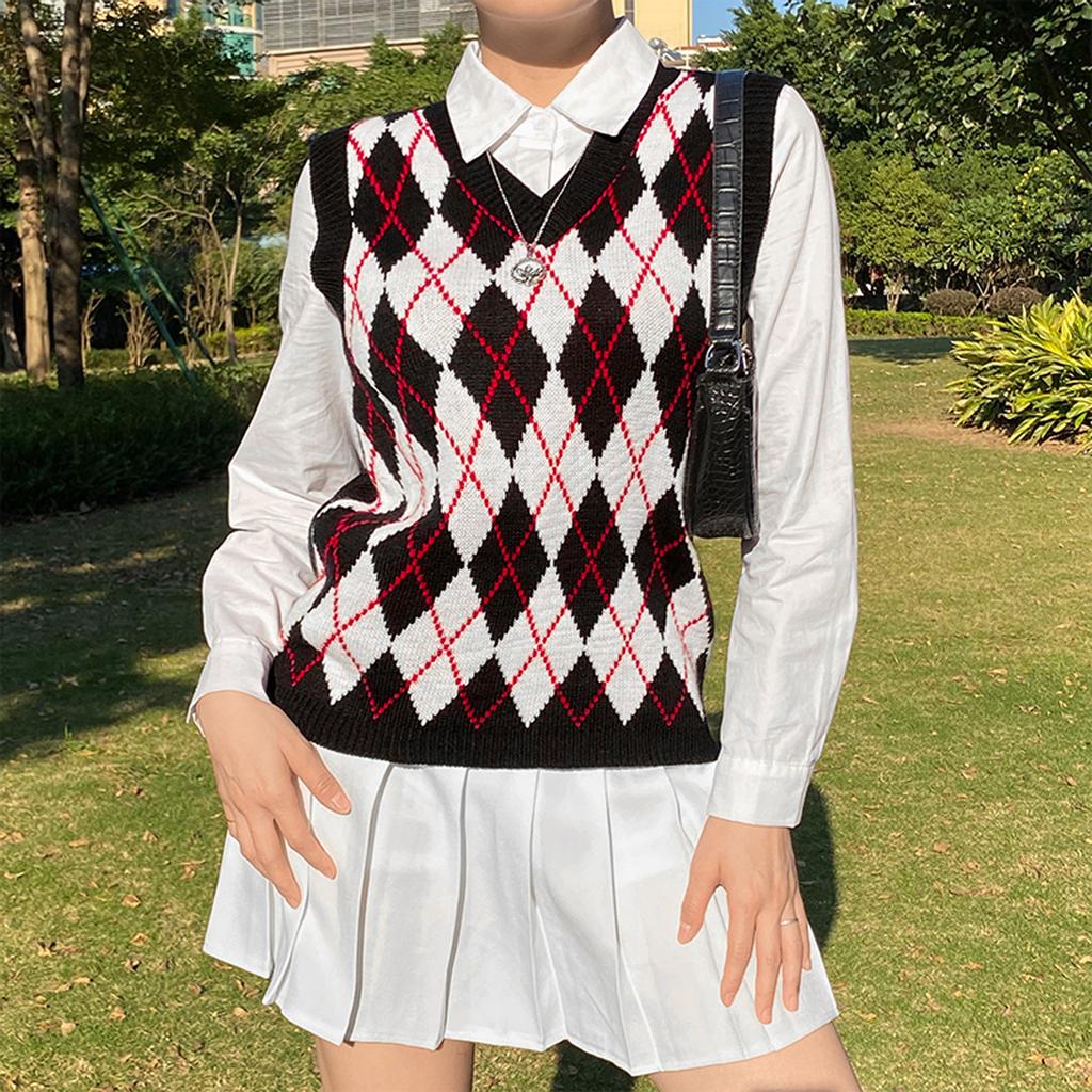 Women Streetwear Preppy Style Knitwear Tank V Neck Argyle Plaid Knitted Sweater