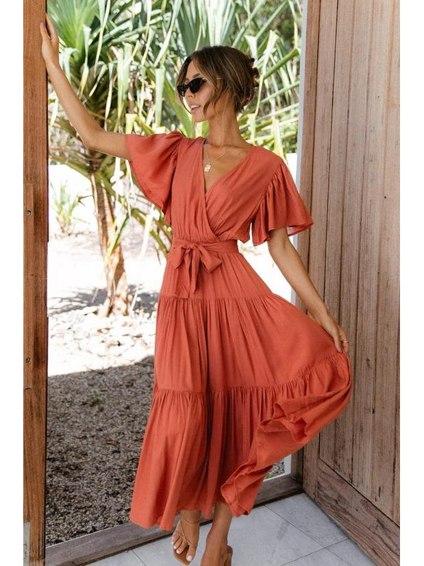 Böhmisches V-Ausschnitt Druck Kurzarm Taillenbetontes Langes Kleid Verfügbar