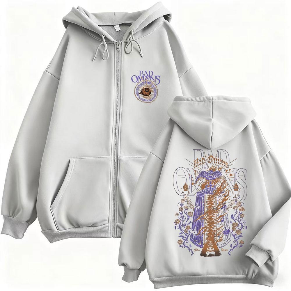 Rock Band Bad Omens Find Peace Graphic Zipper Hoodie Men Women Fashion Vintage Casual Zip Up Hoodies Male Gothic Oversized Coat