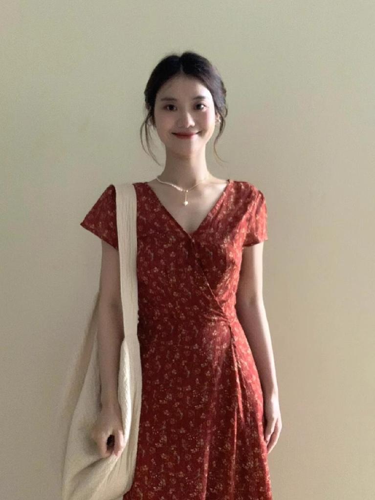 Small Short Floral Dress Women's Summer Waist French Temperament Medium and Long Skirt Xs Shows Height