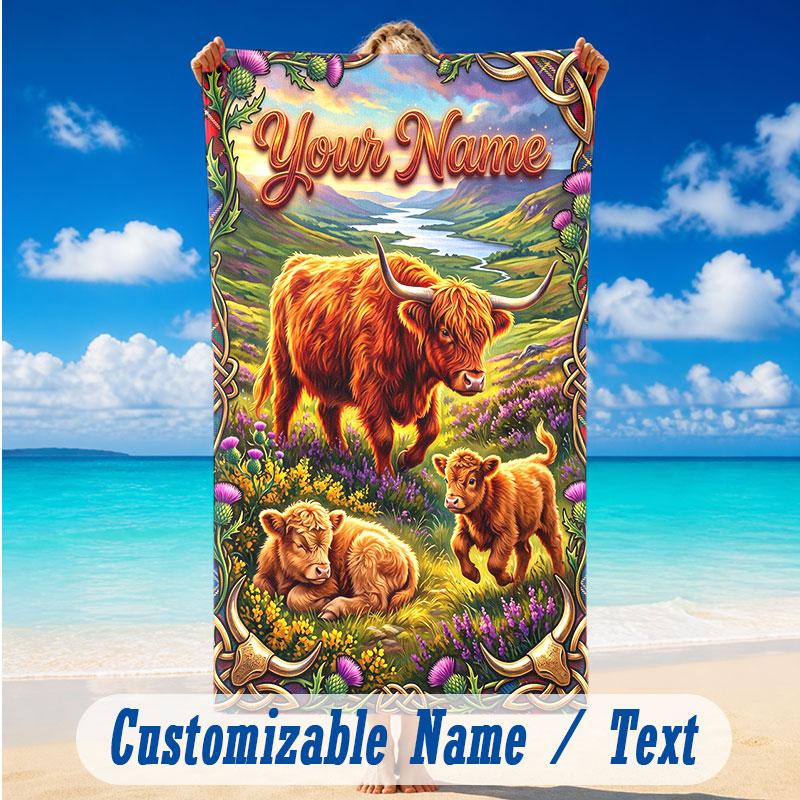 Cow Highland Theme Beach Towel Personalized Custom Name & Text Soft Quick Dry Beach Towel for Swimming Travel