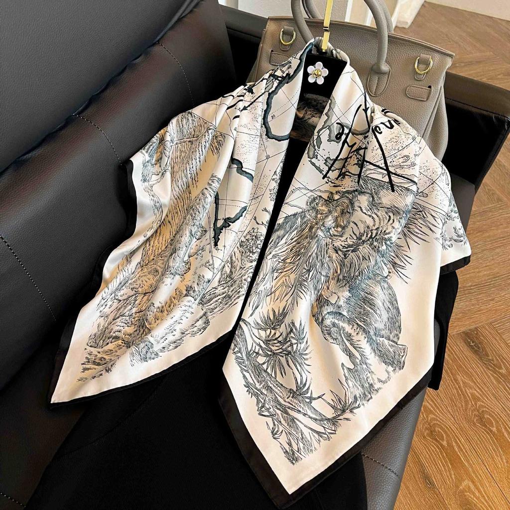91Cm French Striped Large Square Scarf Women's Spring and Autumn Versatile Small Silk Scarf Stewardess Scarf White Scarf Foreign Style Shawl Women