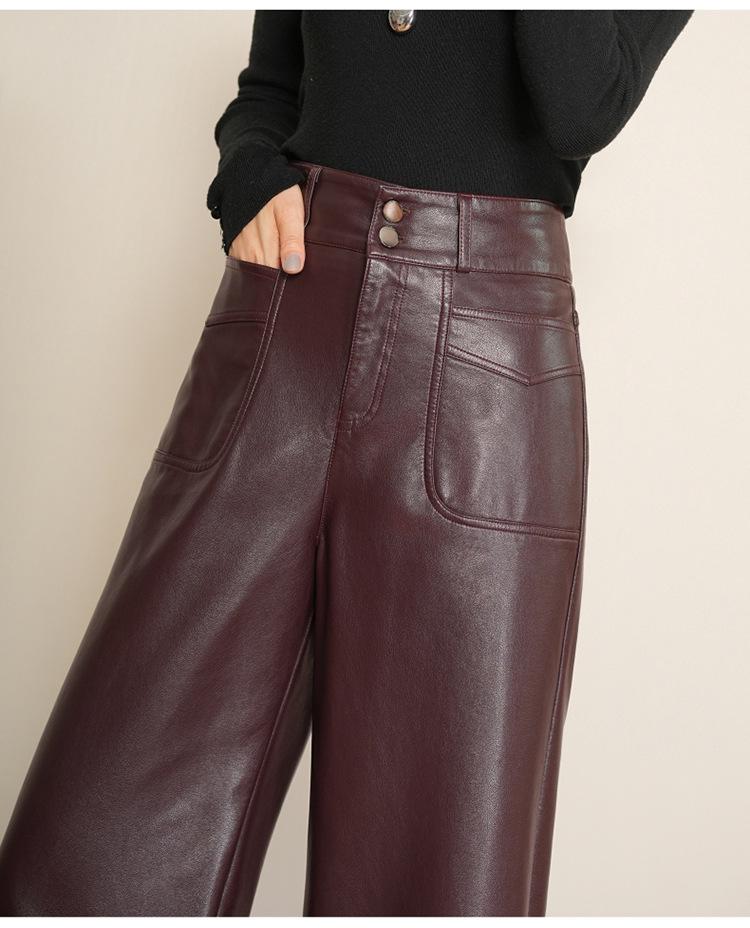Chic Women's High-Waisted Lambskin Wide-Leg Pants - 2025 Autumn/Winter Slimming Casual Fit