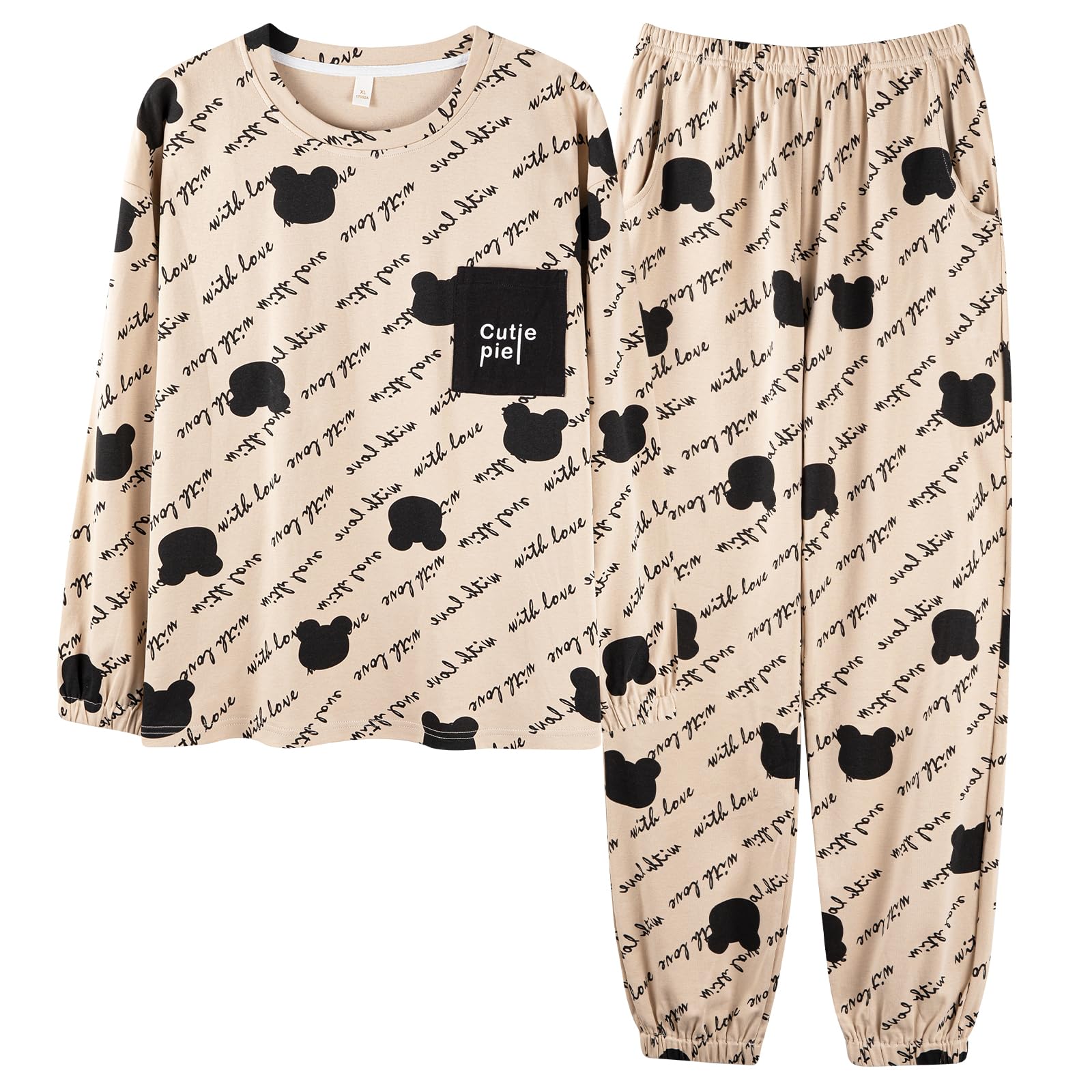 

HOOFESAN Long Top and Bottom Gift Loose Suitable for and Winter Women s Pajamas, Loungewear, Sleeve, 100% Cotton, Set, Idea, Cute, Fit, Warm,