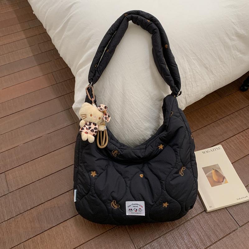 Quilted Embroidered Padded Bag for Women, Simple and Versatile Crossbody Bag, Elegant Down-filled Soft Shoulder Bag, Cute Embroi