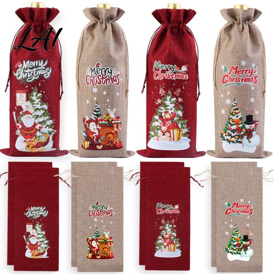 Imitation Linen Wine Pouches Christmas Bottle Bag Vintage Drawstring Sleeve Reusable Faux Holiday Party Packaging Cover Clothes for New Year Wedding