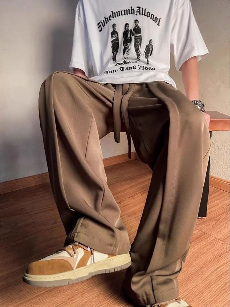 2025 Men's Autumn Trend: Solid Color Straight-Leg Casual Pants, Fashionable Wide-Leg Drape Design