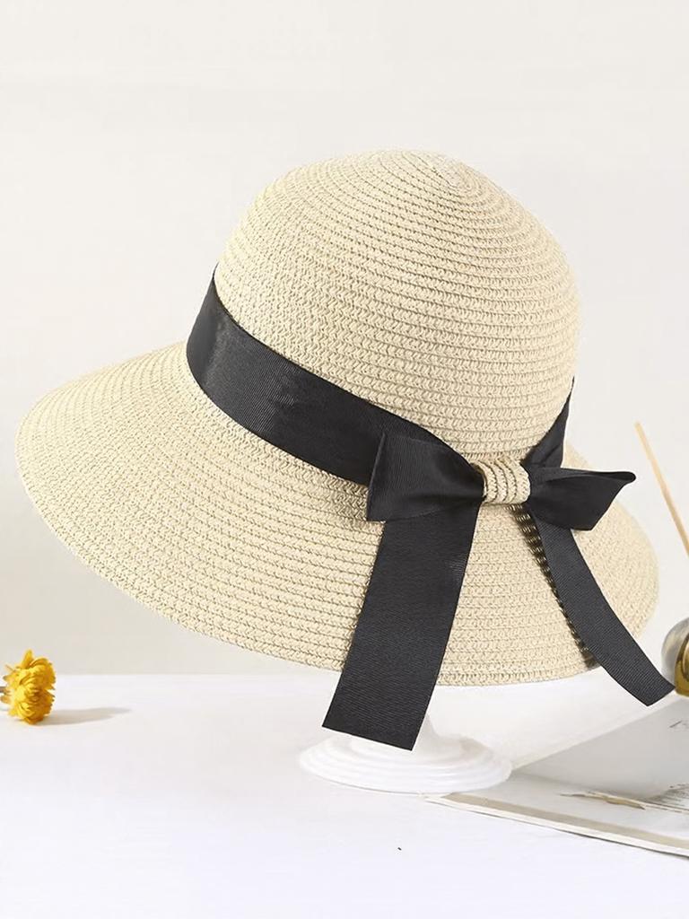Women Wide Brim Straw Sun Hat With Black Bow Band For Beach Summer