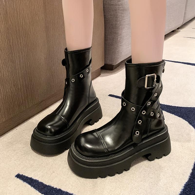 2024 Heißer Verkauf Damen Schuhe Seitlicher Reißverschluss Damenstiefel Mode Gürtelschnalle Moderne Stiefel Damen Neu Runde Zehenpartie Mid-Calf Stiefel Zapatos