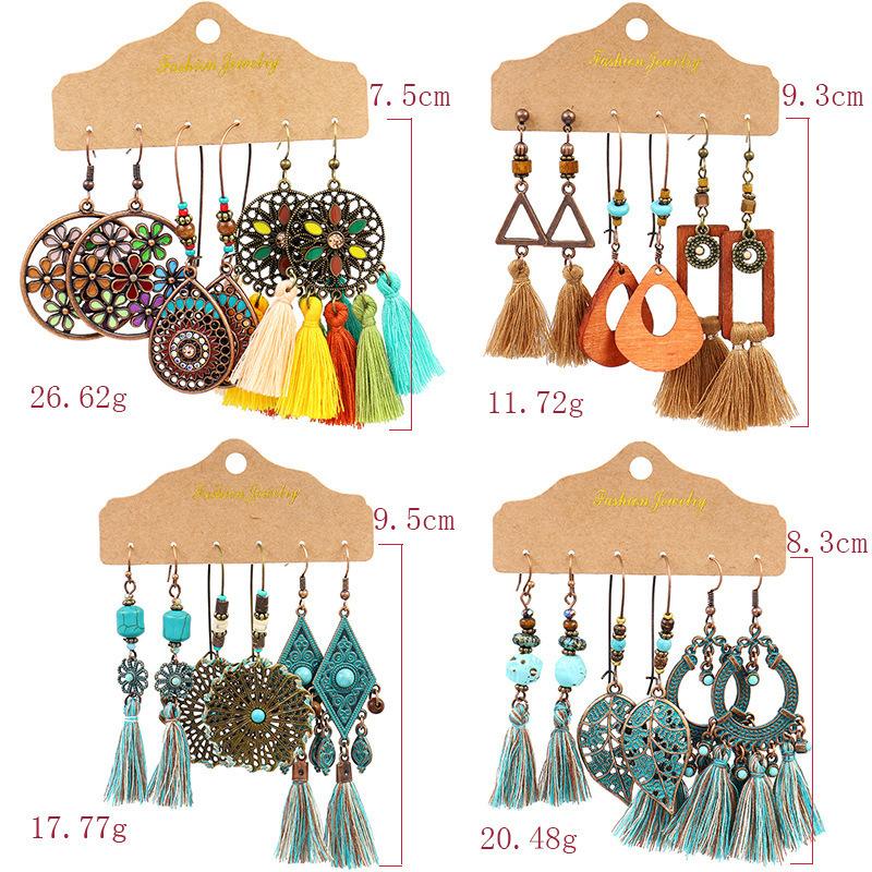 Vintage Big Round Multicolor Beaded Earrings Set for Women Ethnic Boho Tassel Feather Long Dreamcatcher Drop Earrings Jewelry