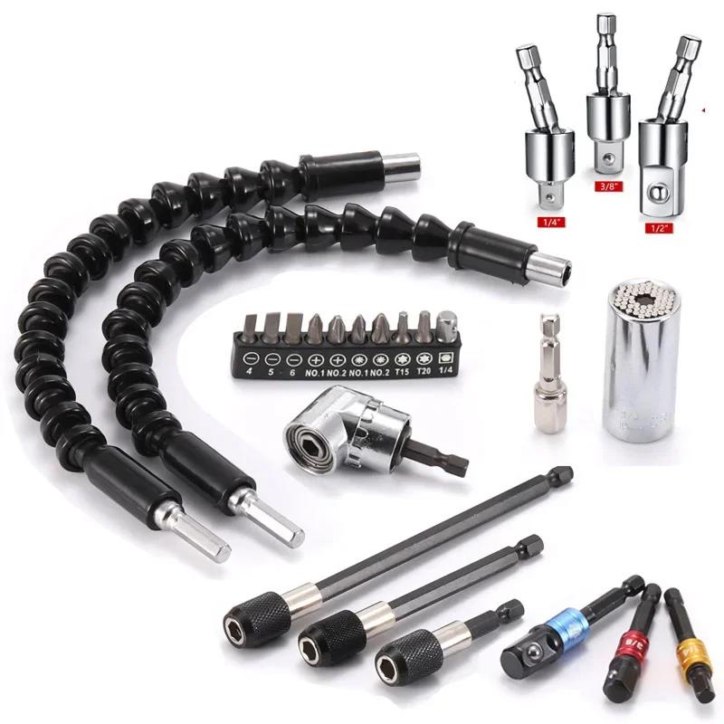 Flexible Drill Extension Hex Shank Nut Driver Bit Set Bendable Right Angle Tool Adapter