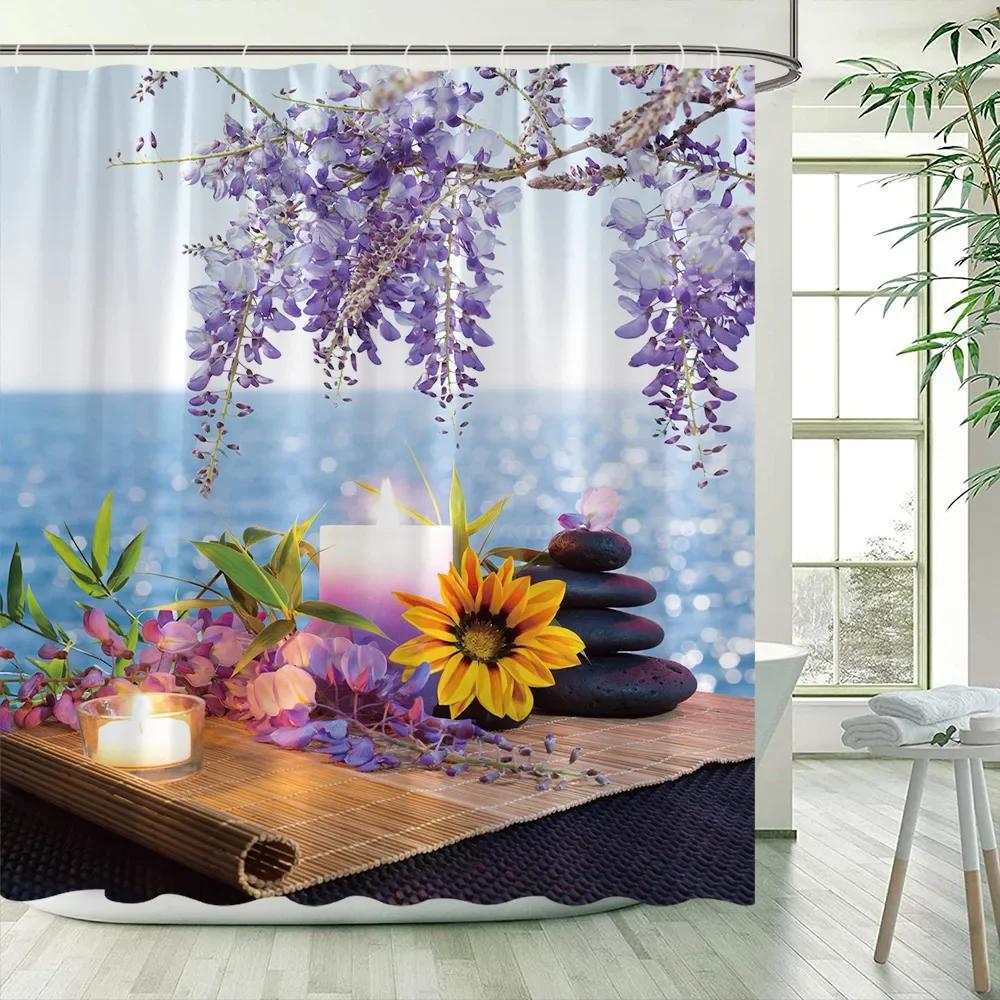 

1Pc Green Bamboo Zen Shower Curtains Set, Spa Stones And Orchids Flowers Polyester Fabric Bath Curtain With Hooks Bathroom Decor W60H190(CM)-1 Pcs