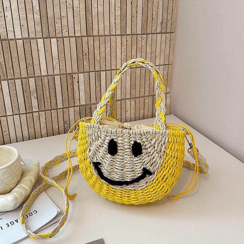 Korean Color Block Smiley Woven Bag - Versatile Casual Basket for Beach & Everyday Use